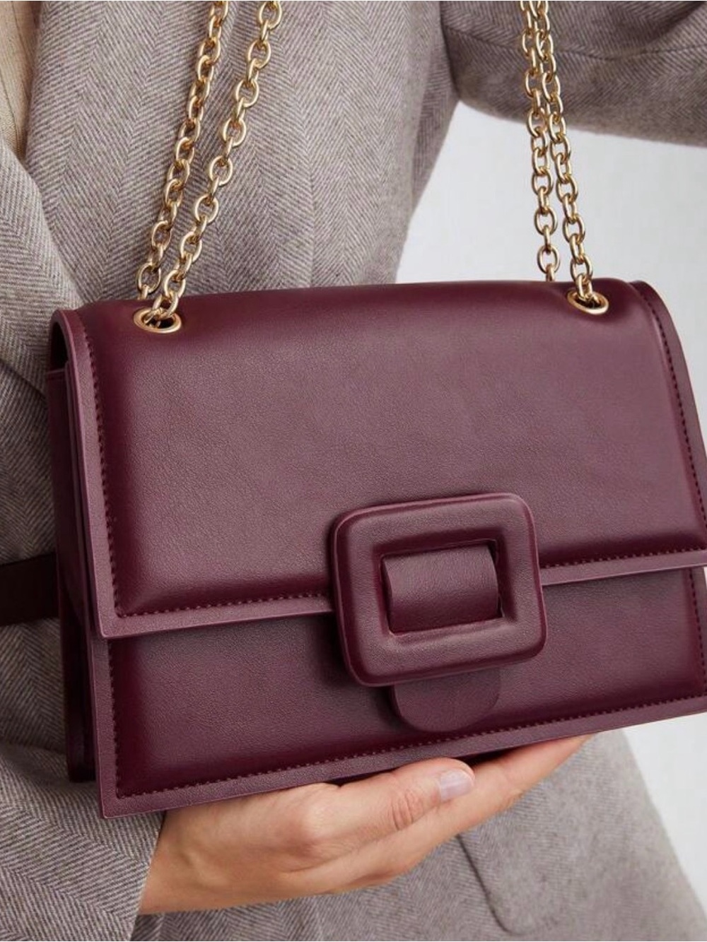 Burgundy Shoulder Bag with Gold Chain